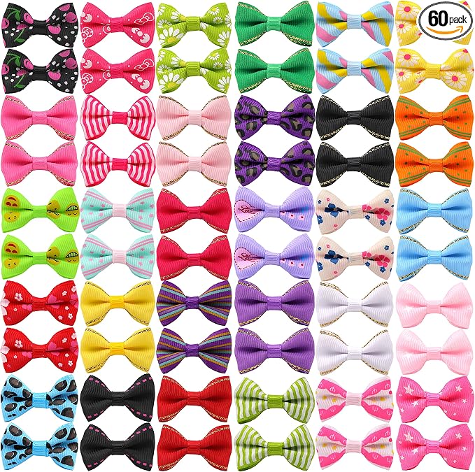 60PCS (30 Paris) Cute Puppy Dog Small Bowknot Hair Bows with Metal Clips Handmade Hair Accessories Bow Pet Grooming Products (60 Pcs,Cute Patterns)