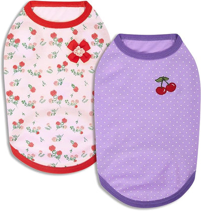 Blueberry Pet Pack of 2 Soft & Comfy Spring Hope Floral Cotton Blend Dog T Shirts Tank Top, Back Length 14", Clothes for Dogs